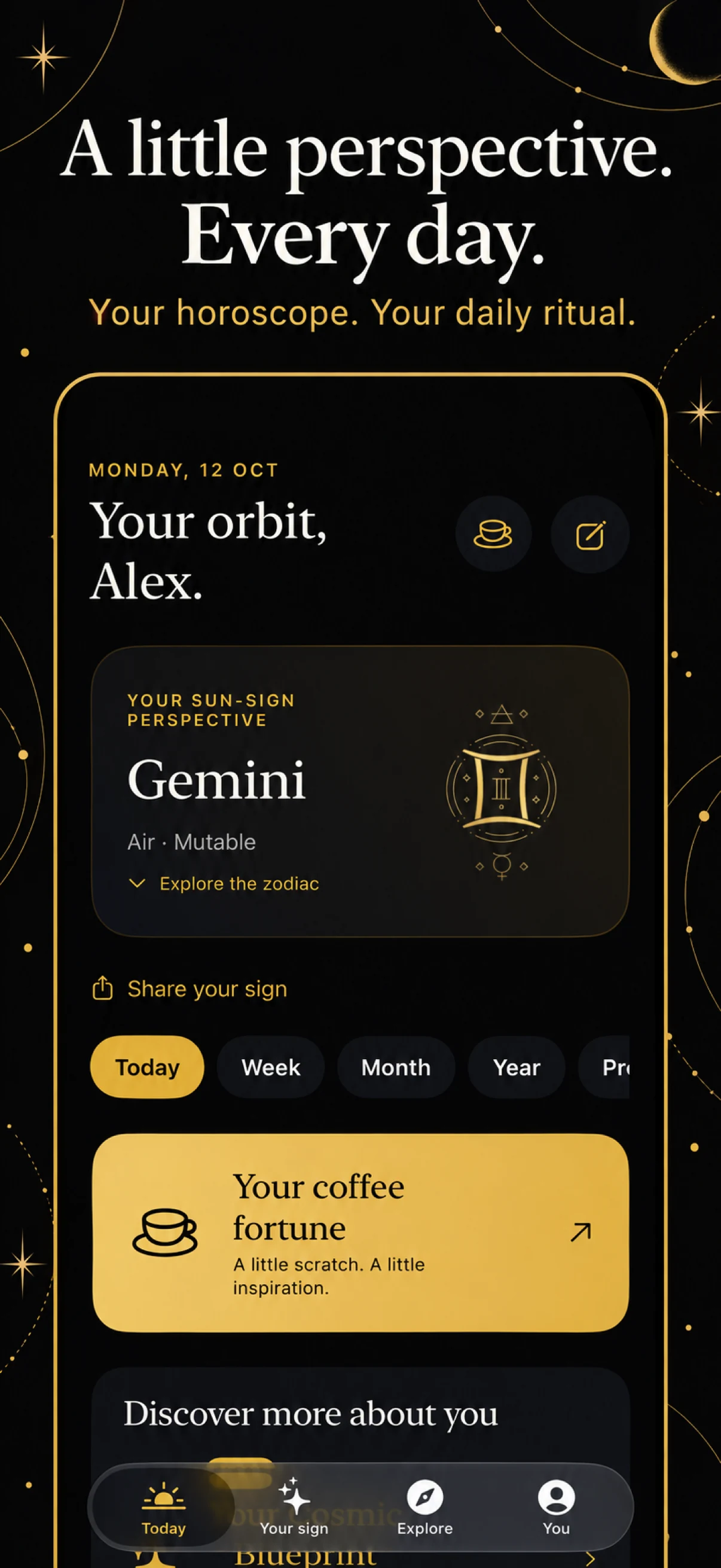 App Store screenshot of the Today screen and daily horoscope