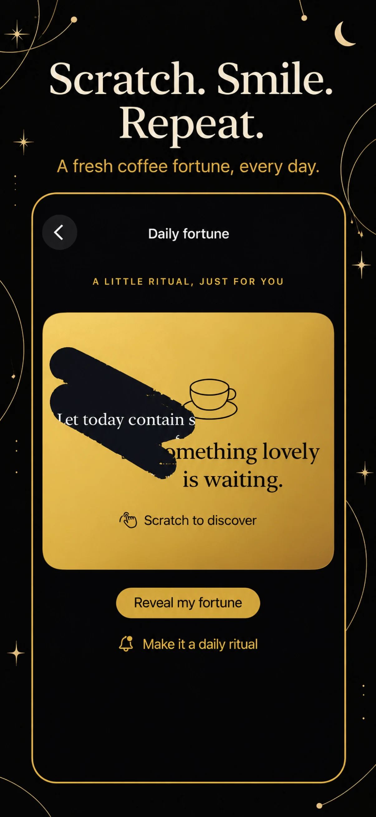 App Store screenshot of the scratch-to-reveal coffee fortune