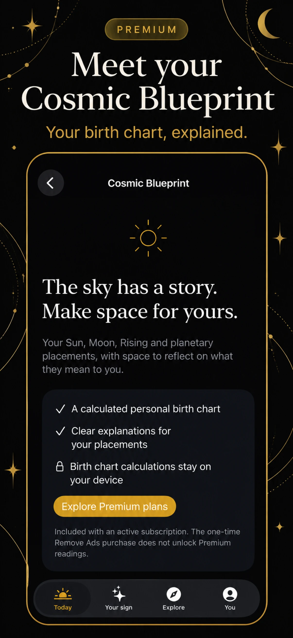 App Store screenshot introducing Cosmic Blueprint and its Premium birth chart features