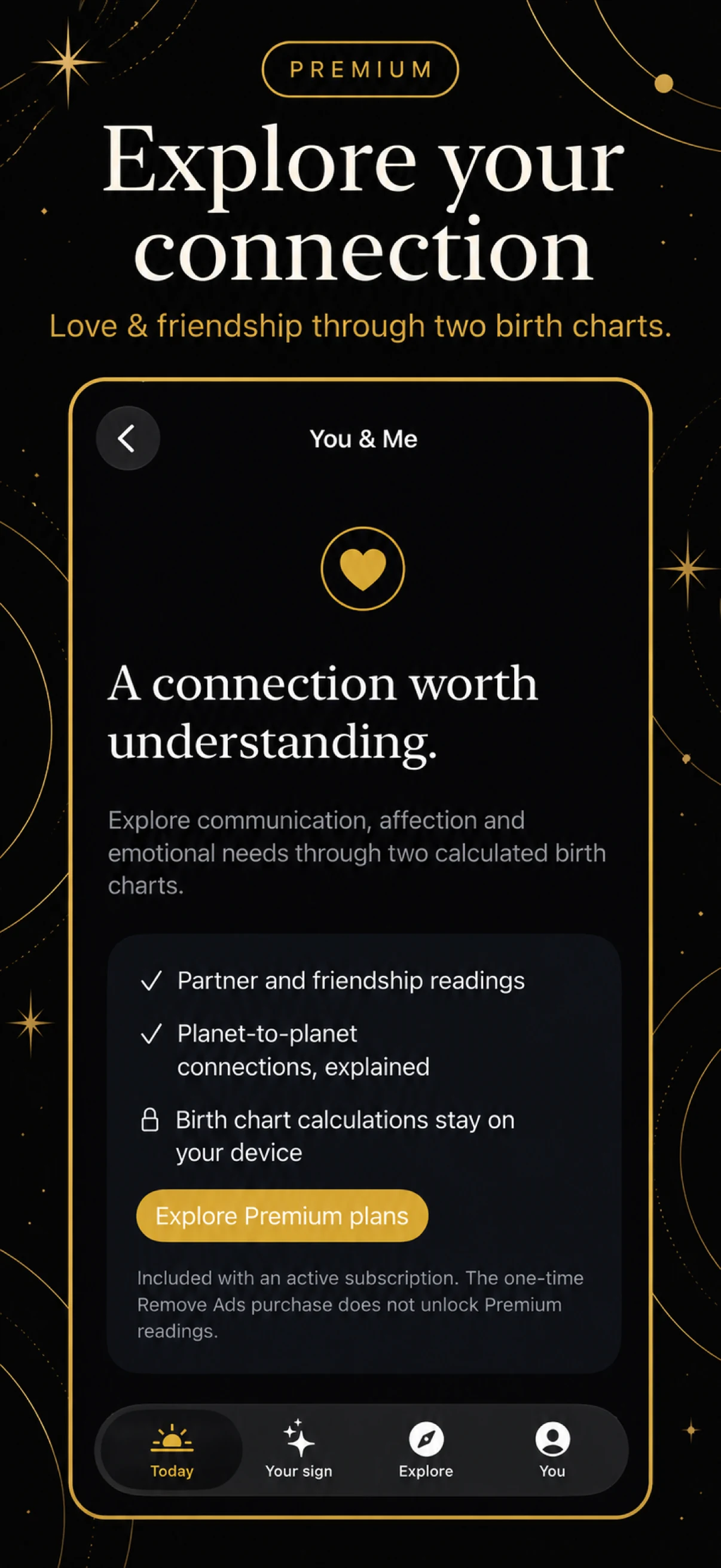 App Store screenshot introducing You and Me Premium readings for partners and friends
